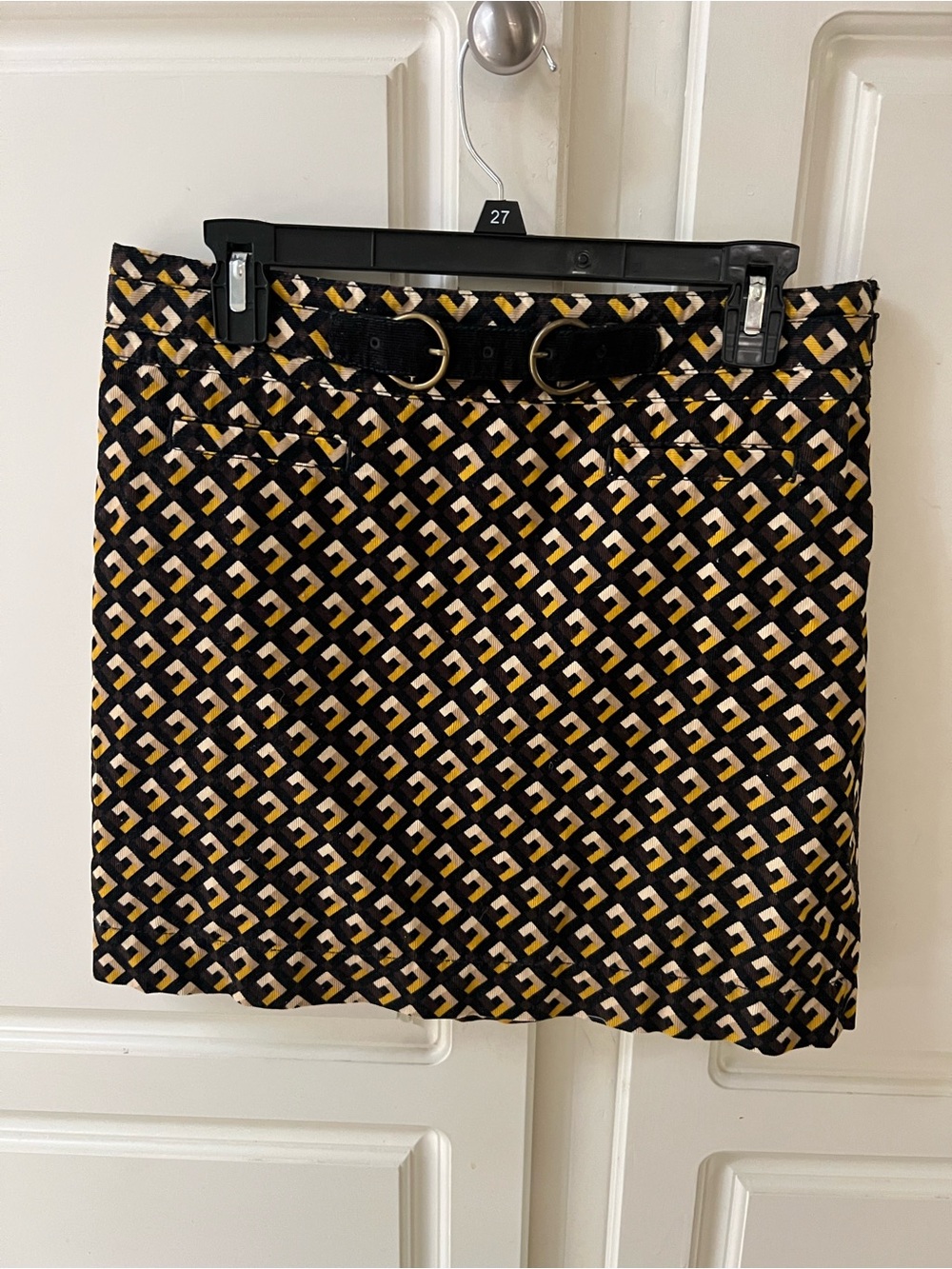 LOFT Black and Brown Corduroy Mini Skirt with Cream & Gold Geometric Print